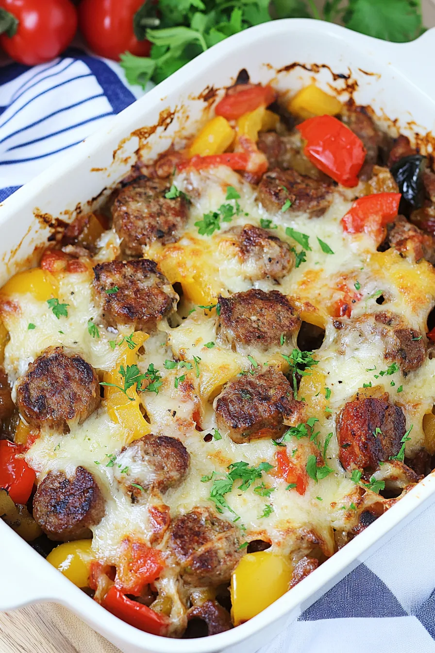 Cheesy skillet dish with melted mozzarella over savory sausage and peppers.