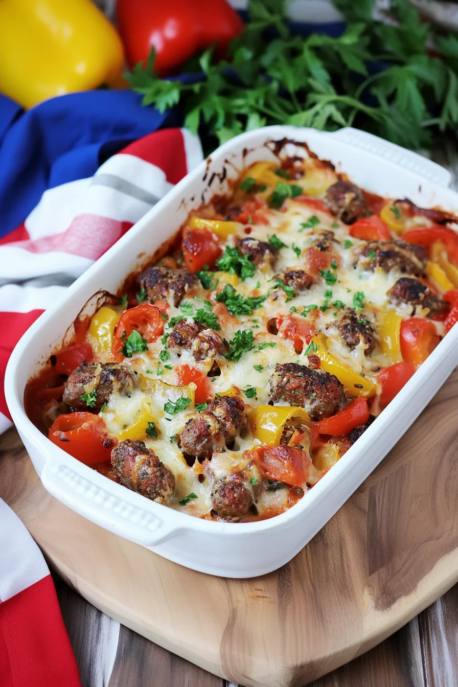 Golden melted cheese bubbling over sausage and colorful vegetables.