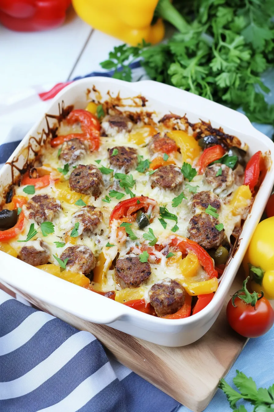 Rustic skillet filled with a comforting sausage and pepper dish.
