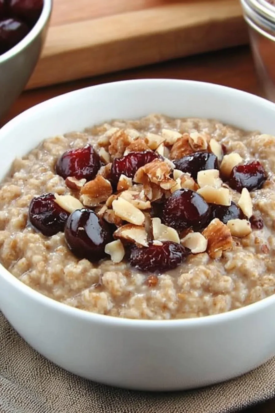 Close-up of a spoonful showing mixed textures of fruit and grains.