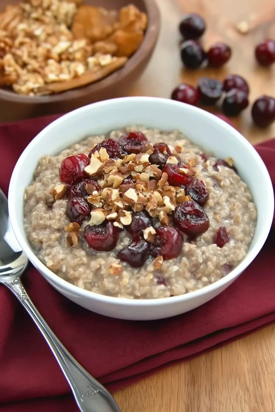 Overhead view of a hearty grain-based dish with colorful toppings.