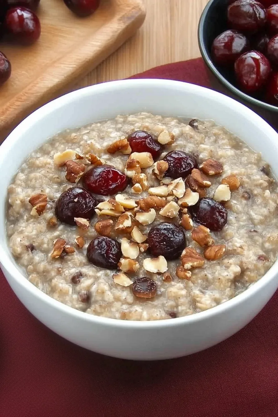 Freshly prepared morning meal served with a scattering of nuts and berries.