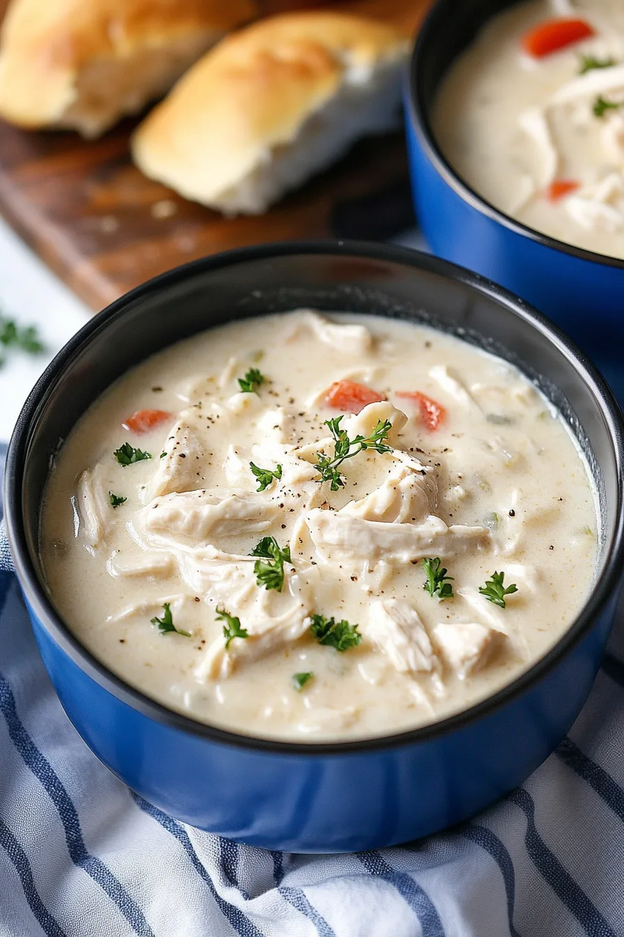 Rustic wooden table setting with a steaming bowl of creamy chicken and pasta soup.