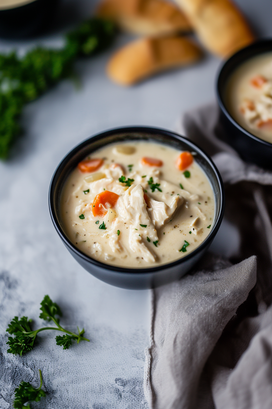 Overhead shot of a cozy soup bowl with creamy sauce, shredded chicken, and fettuccine.