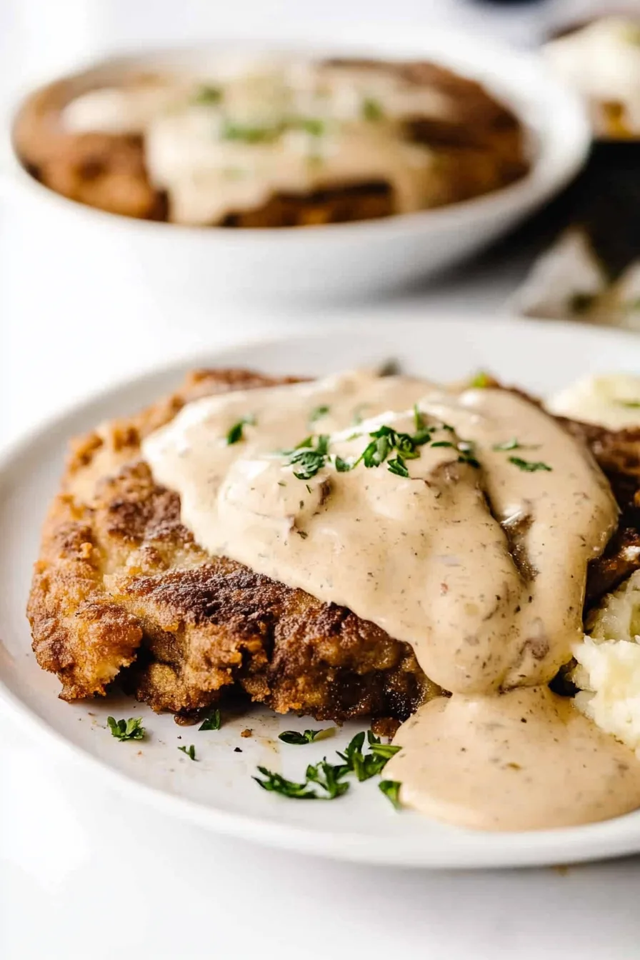 Crispy breaded steak topped with creamy white gravy
