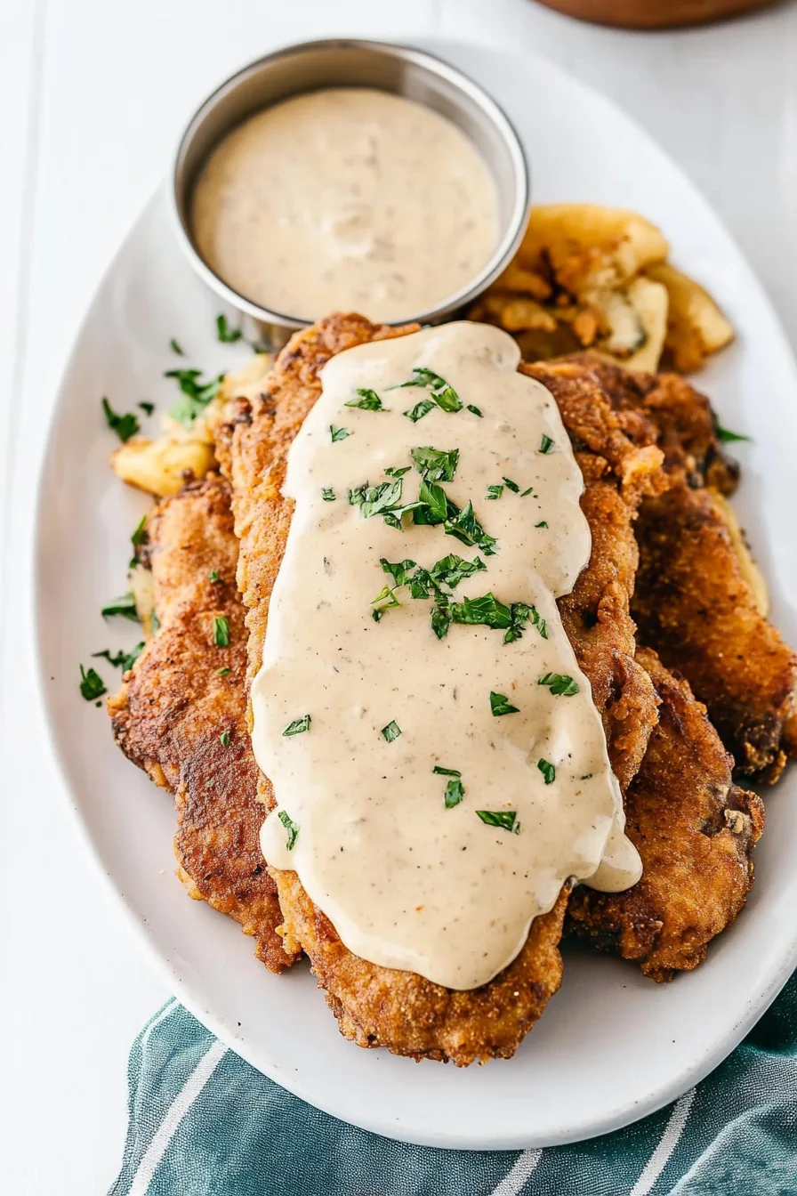 Close-up of crunchy coated steak with peppered gravy