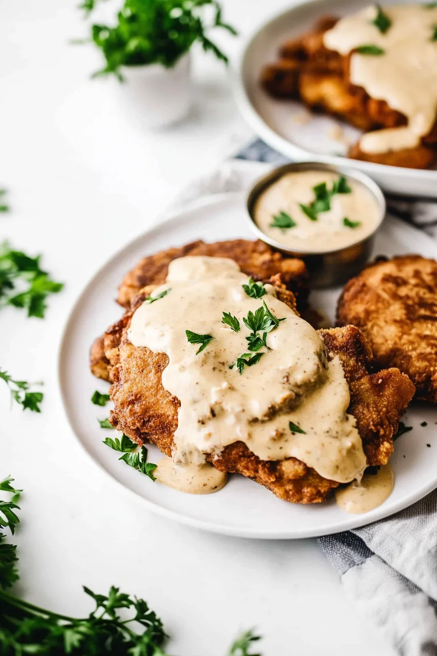 Comfort food plate with fried steak and rich sauce