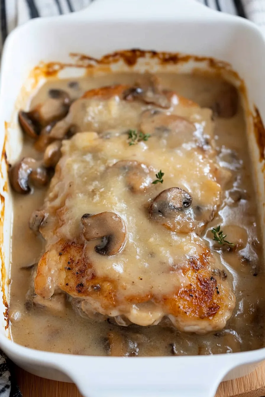 Close-up of savory mushroom gravy poured over a fried cutlet.