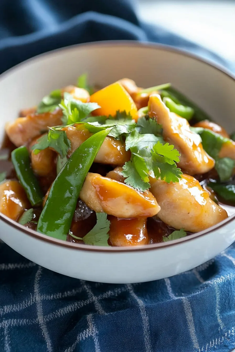 Close-up of tender chicken pieces coated in savory brown sauce