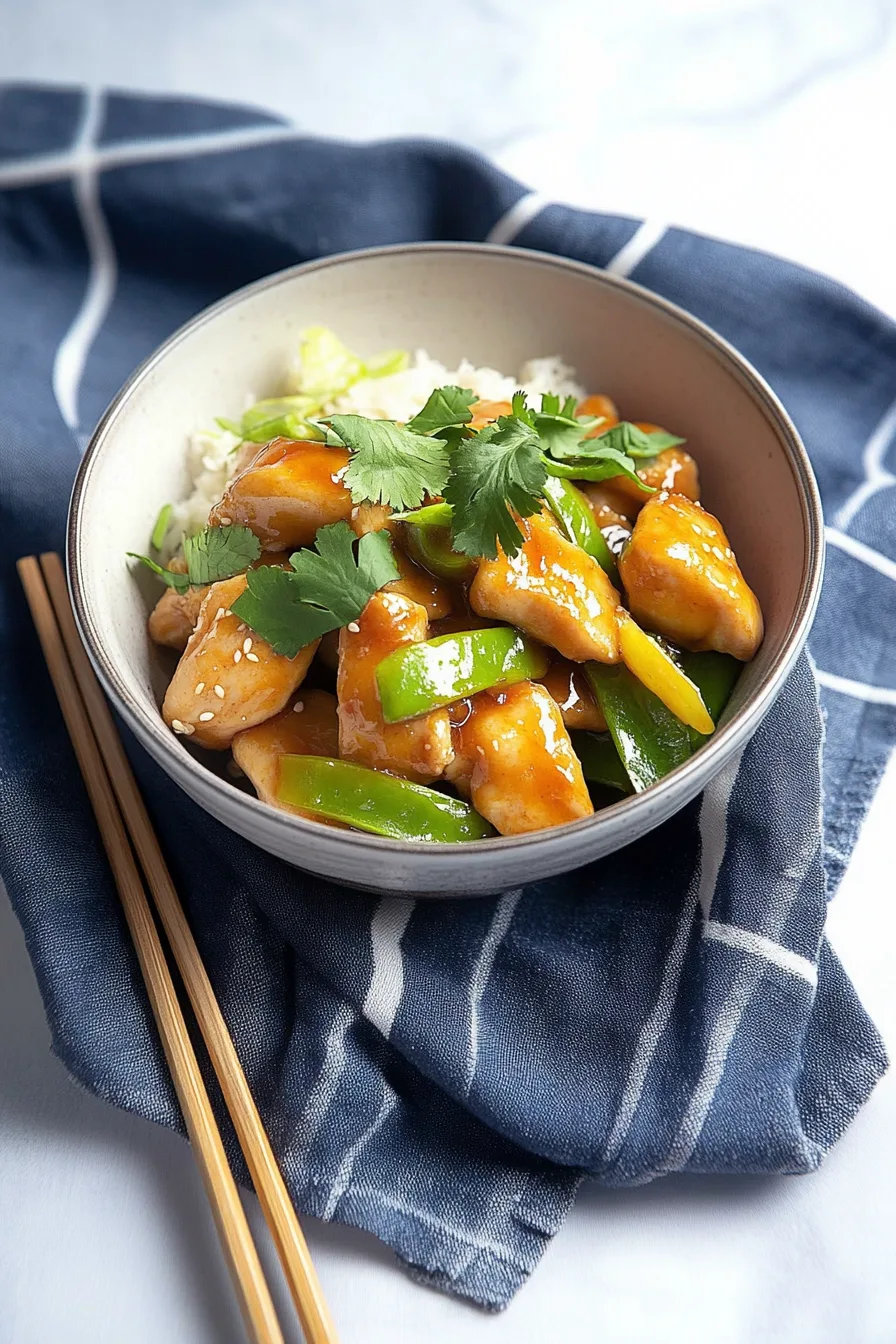 Dinner serving of chicken with vegetables alongside steamed rice