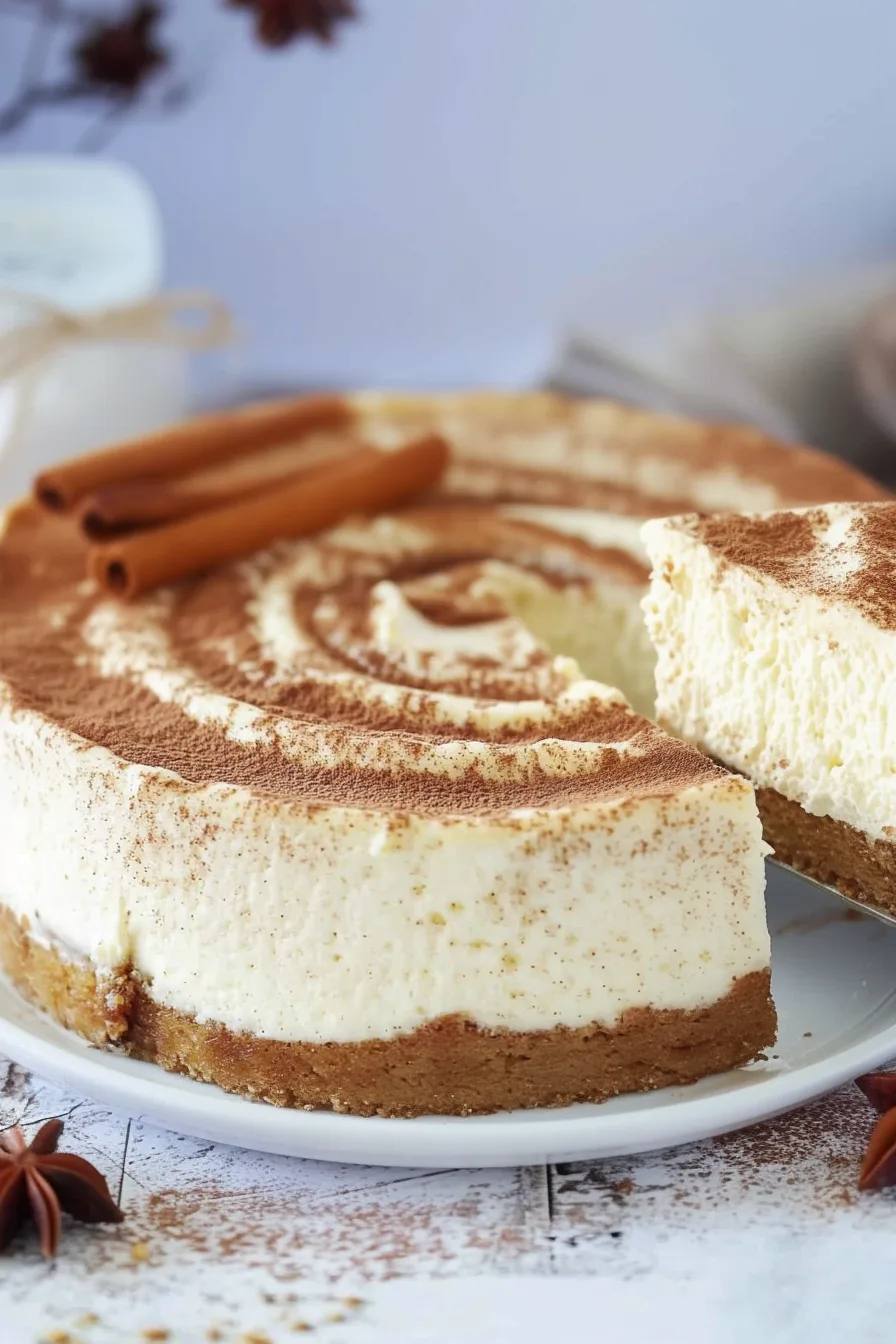 A rich dessert slice showing layers of cheesecake and cinnamon filling.