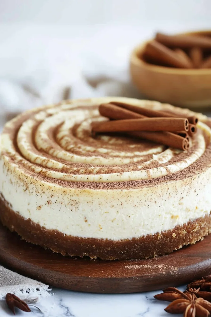 A creamy cheesecake topped with cinnamon swirls and drizzled glaze.