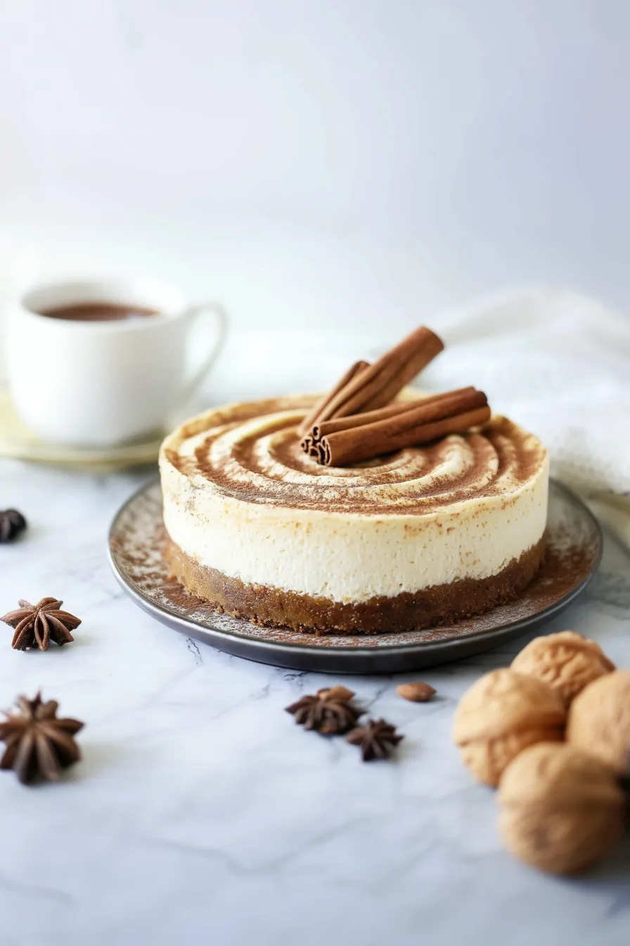 A festive cheesecake served with warm autumn colors in the background.
