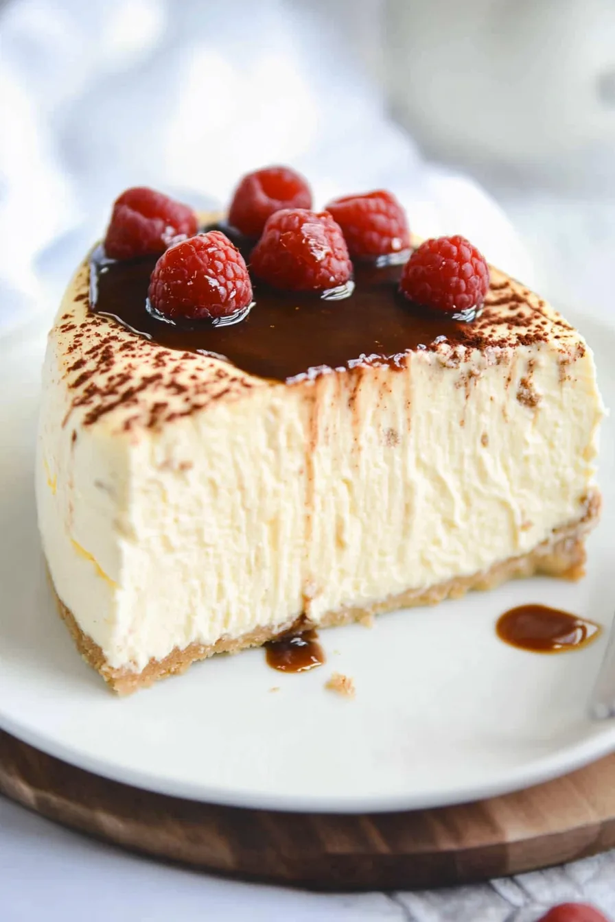 Smooth, creamy cheesecake topped with fresh berries.