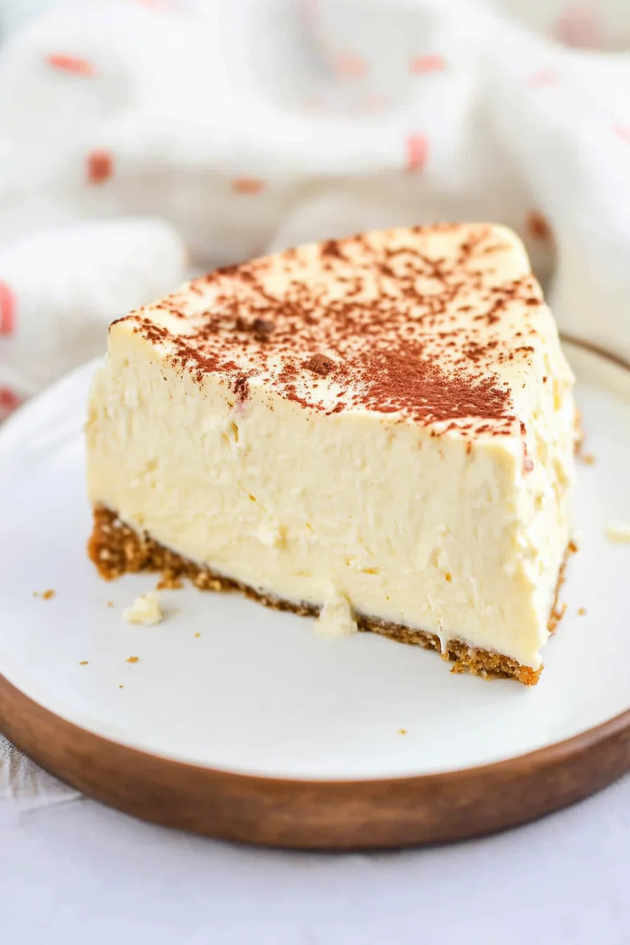 Close-up of a cheesecake slice resting on the plate.