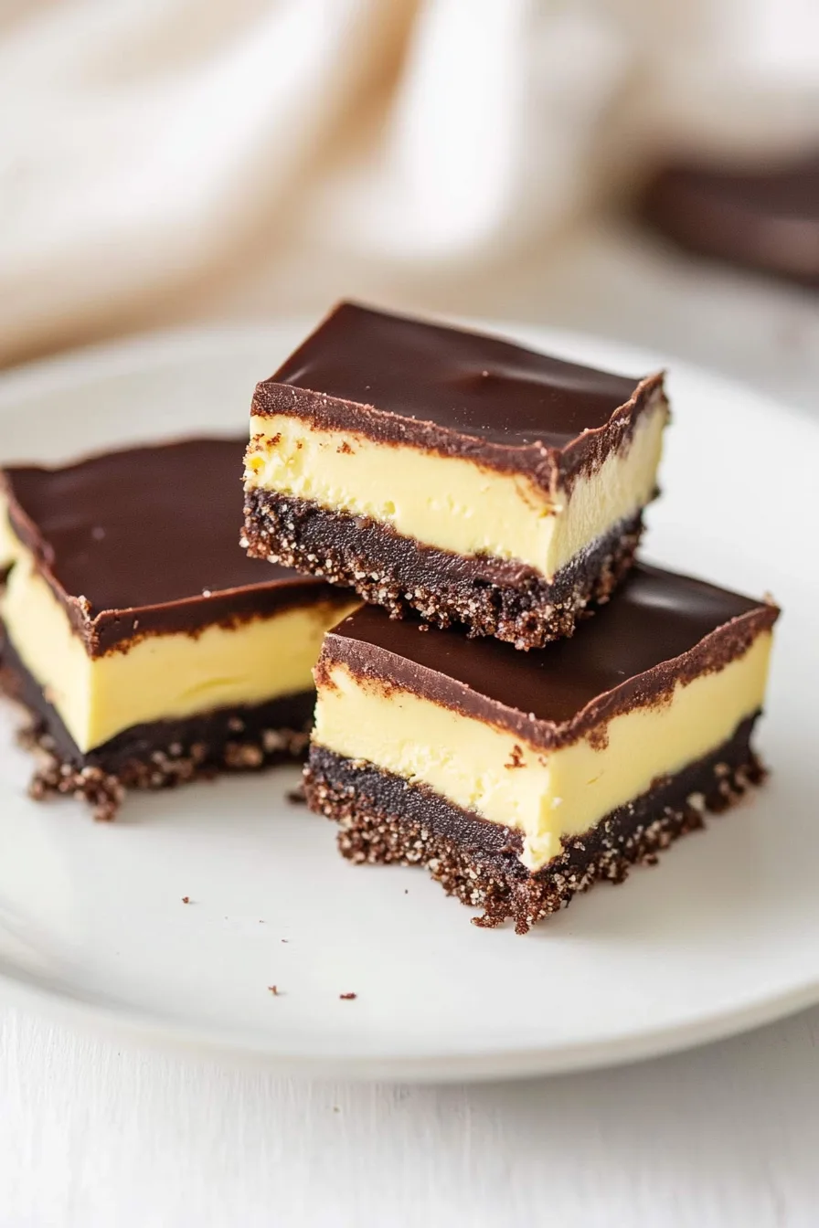 Three-layer dessert bars neatly stacked on a white serving plate