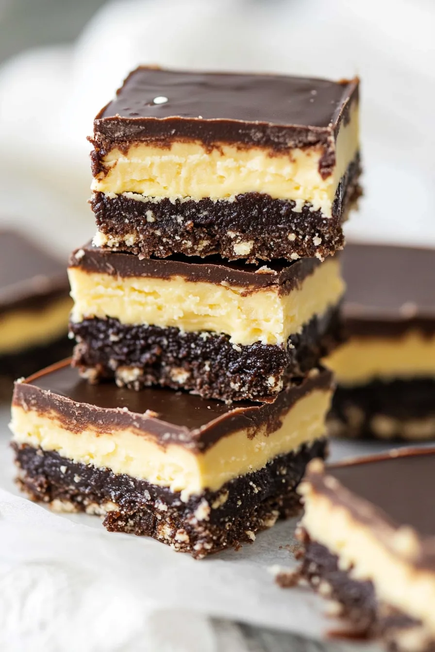 Close-up of creamy chocolate-topped squares with a crumbly base