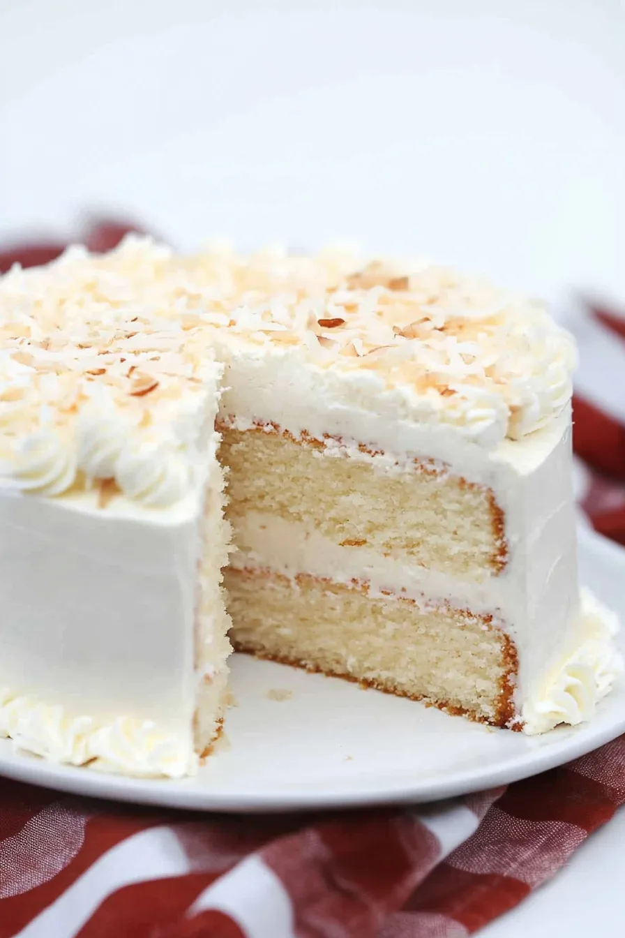 Close-up slice showing fluffy cake layers with creamy filling
