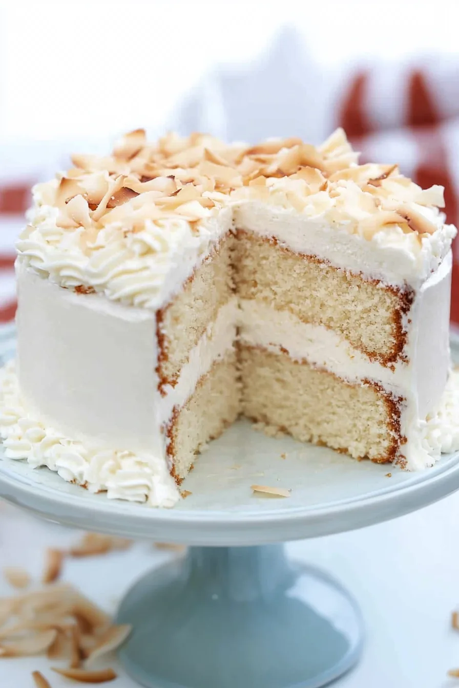 Elegant cake with soft layers and a snowy coconut finish