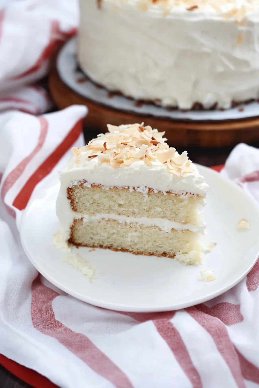 A plated slice of moist layered cake ready to serve