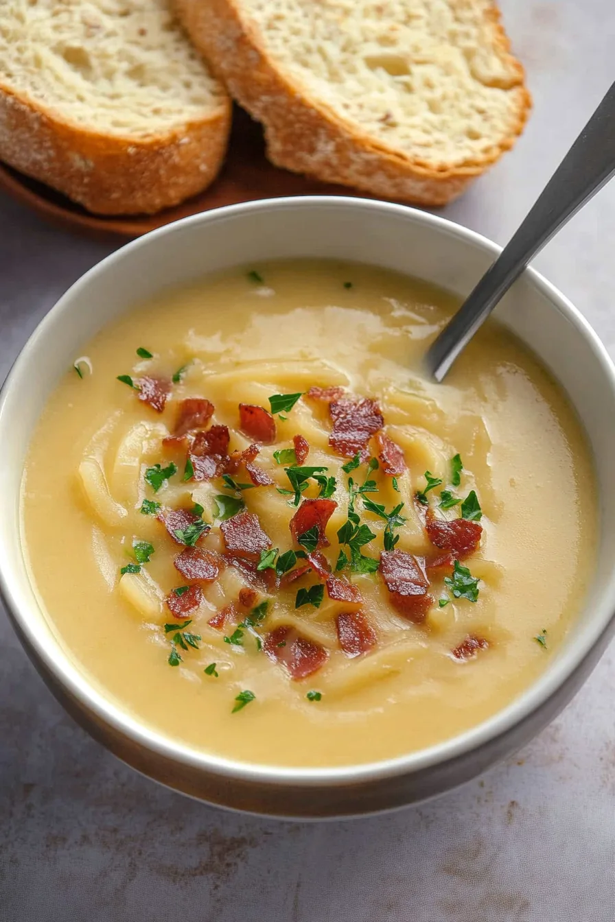 Close-up of caramelized onion soup with a cheesy crust and rich broth.