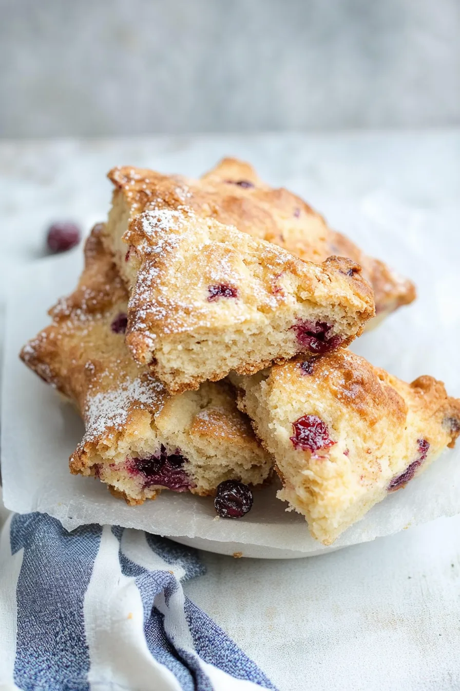 Close-up of flaky pastry with red berry pieces