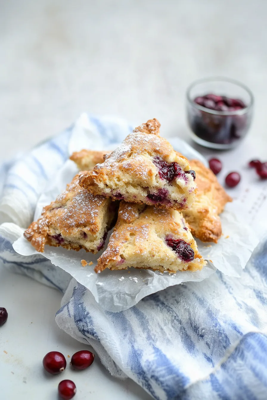 Freshly baked cranberry scones stacked on a tray
