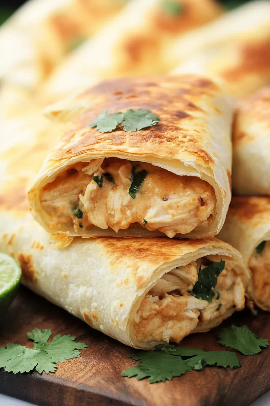 Close-up of crispy baked chimichangas served with sour cream and garnish.