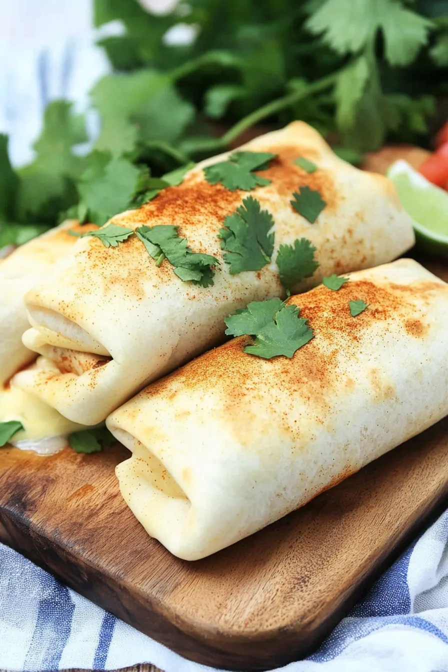 Golden baked tortilla wraps filled with creamy chicken and topped with sauce.