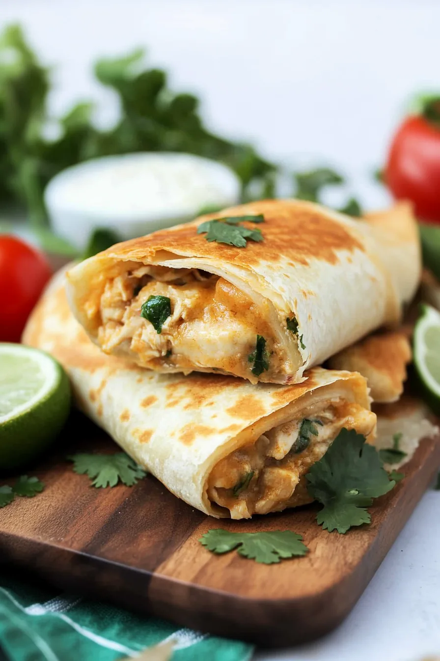 Plated chimichanga cut open to show the creamy chicken filling inside.