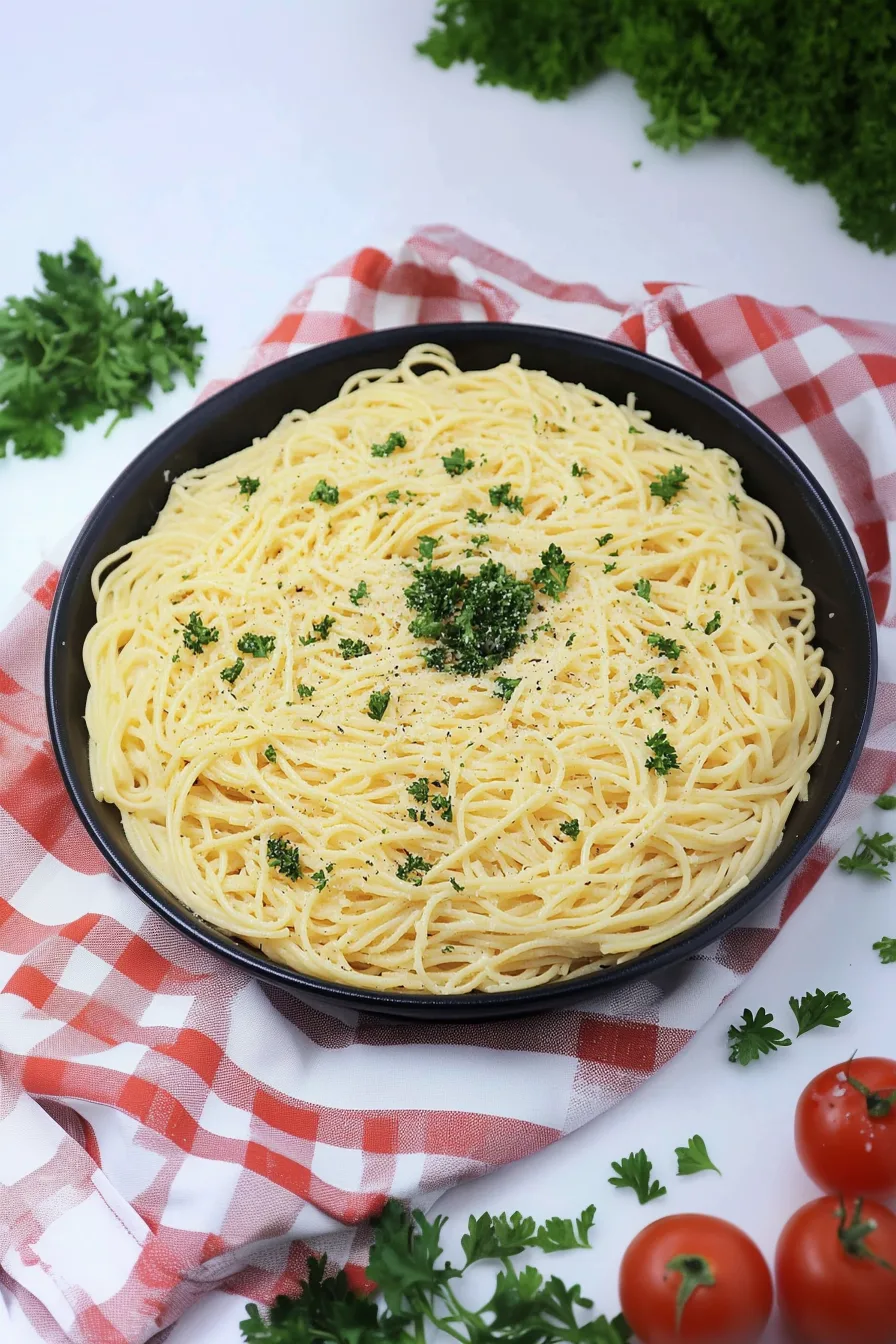 Bowl of pasta in a smooth, garlic-infused cream sauce.