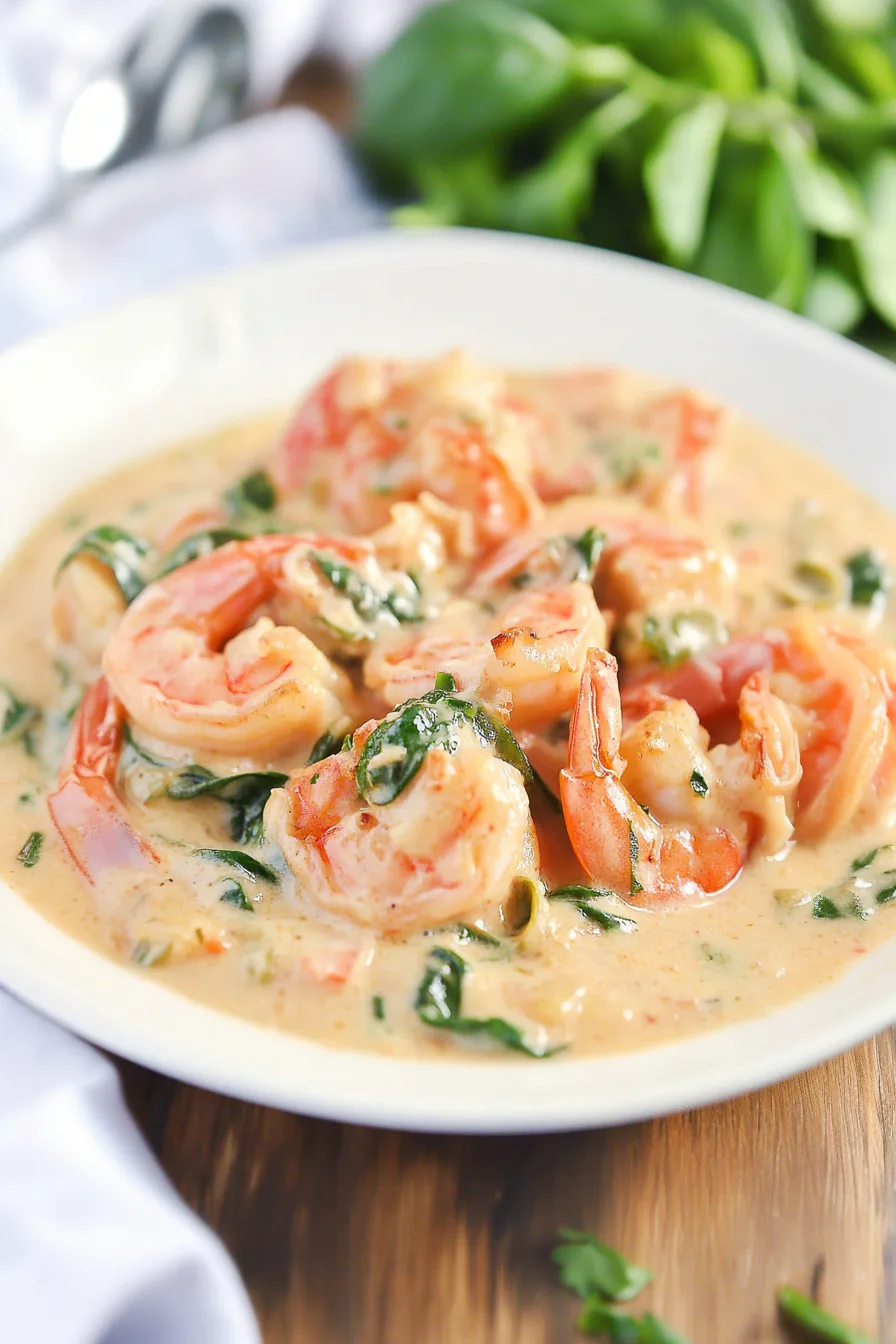 Close-up of tender shrimp in a creamy, sun-dried tomato sauce.