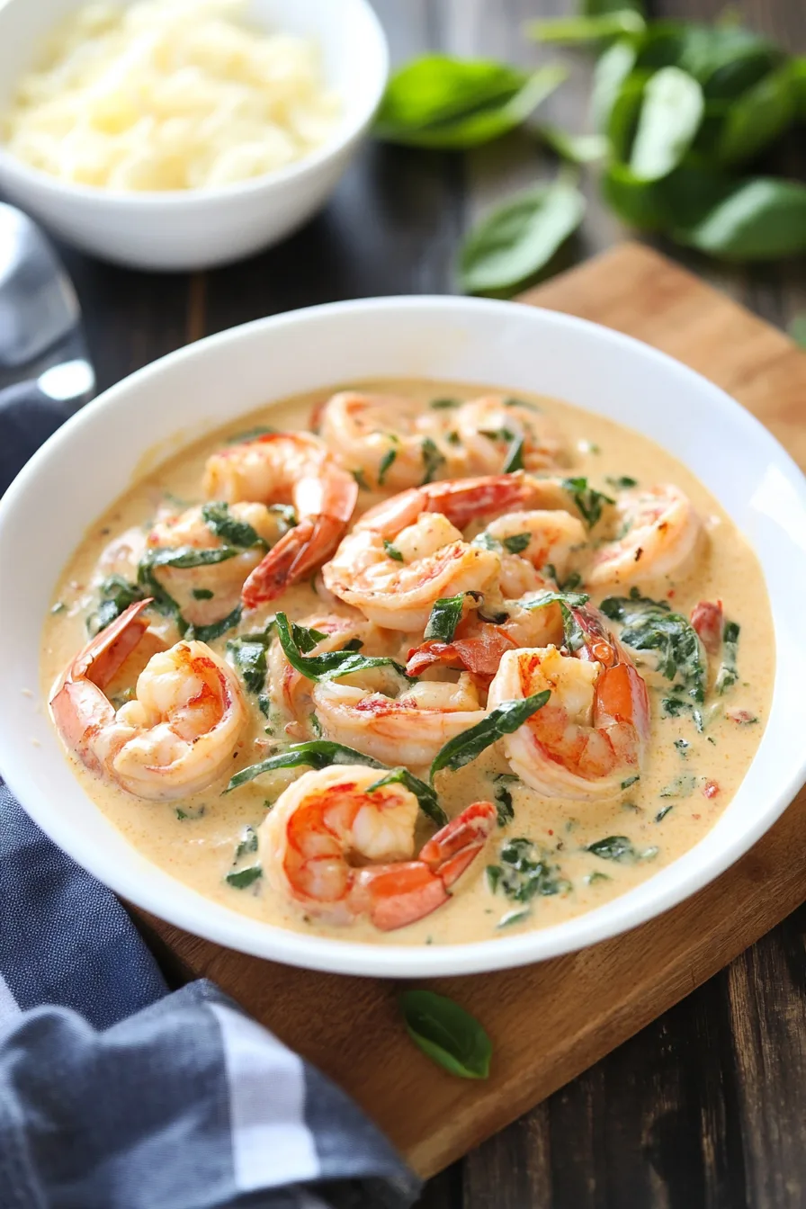 Plated dish with creamy sauce and fresh spinach leaves.