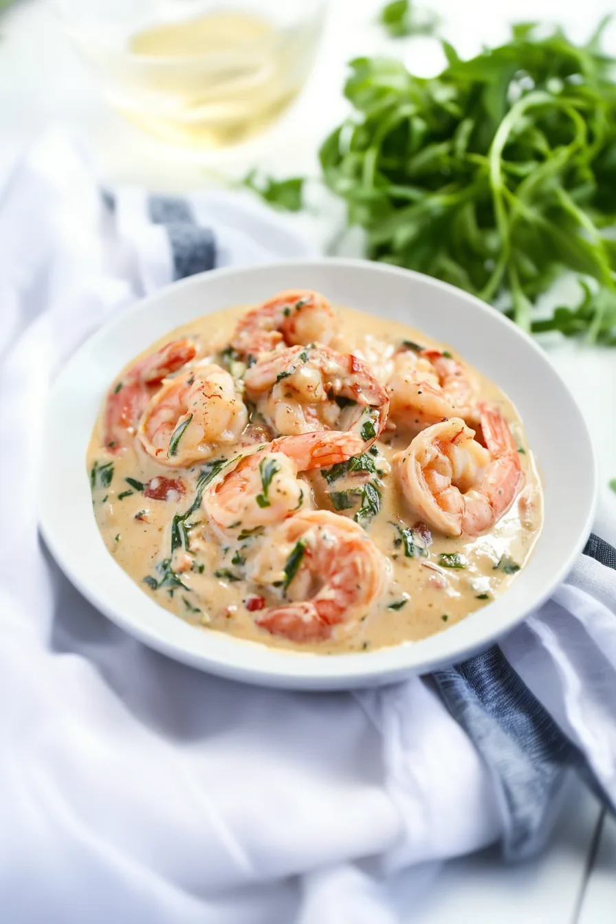 Overhead view of a plate filled with seafood in herbed cream.