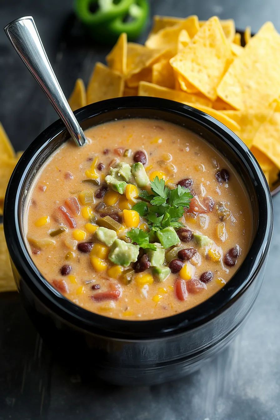 Homemade creamy soup served hot with chips on the side