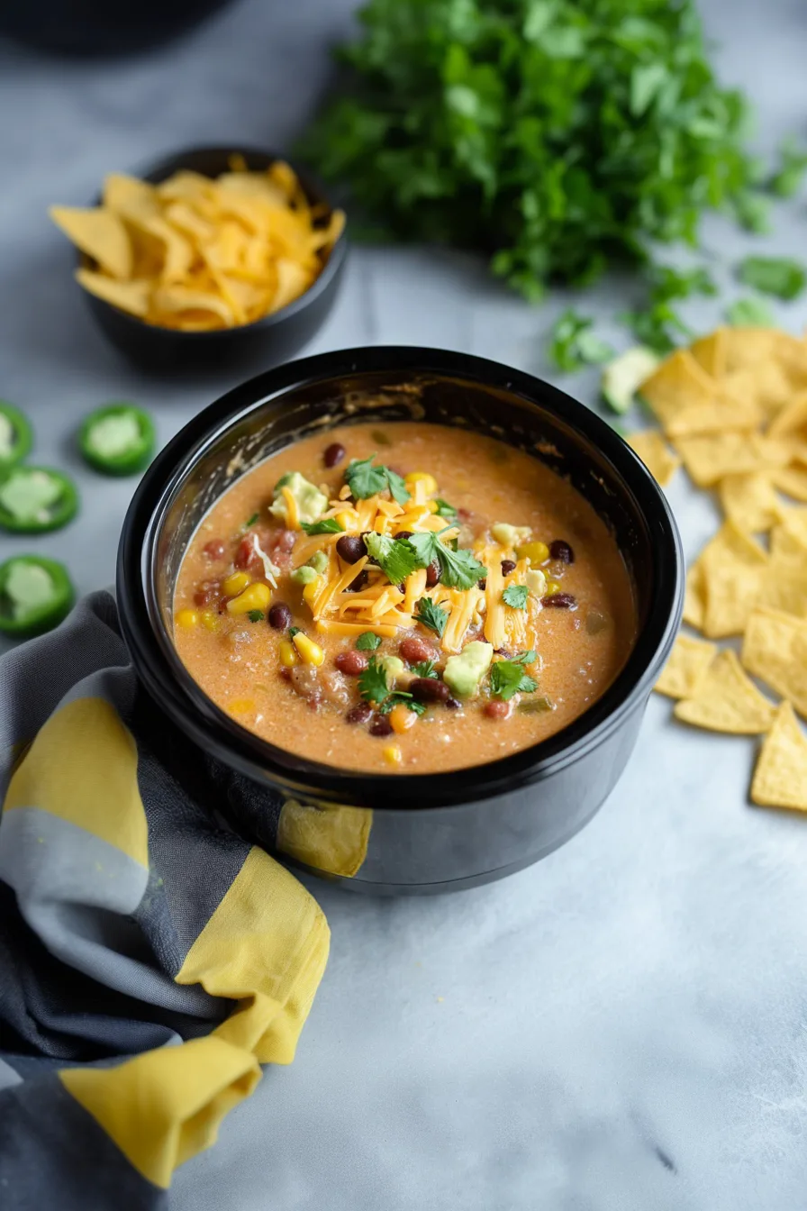 Bowl of creamy cheese soup topped with tortilla chips