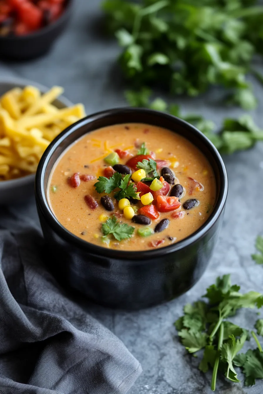 Cheesy soup in a bowl with crunchy toppings