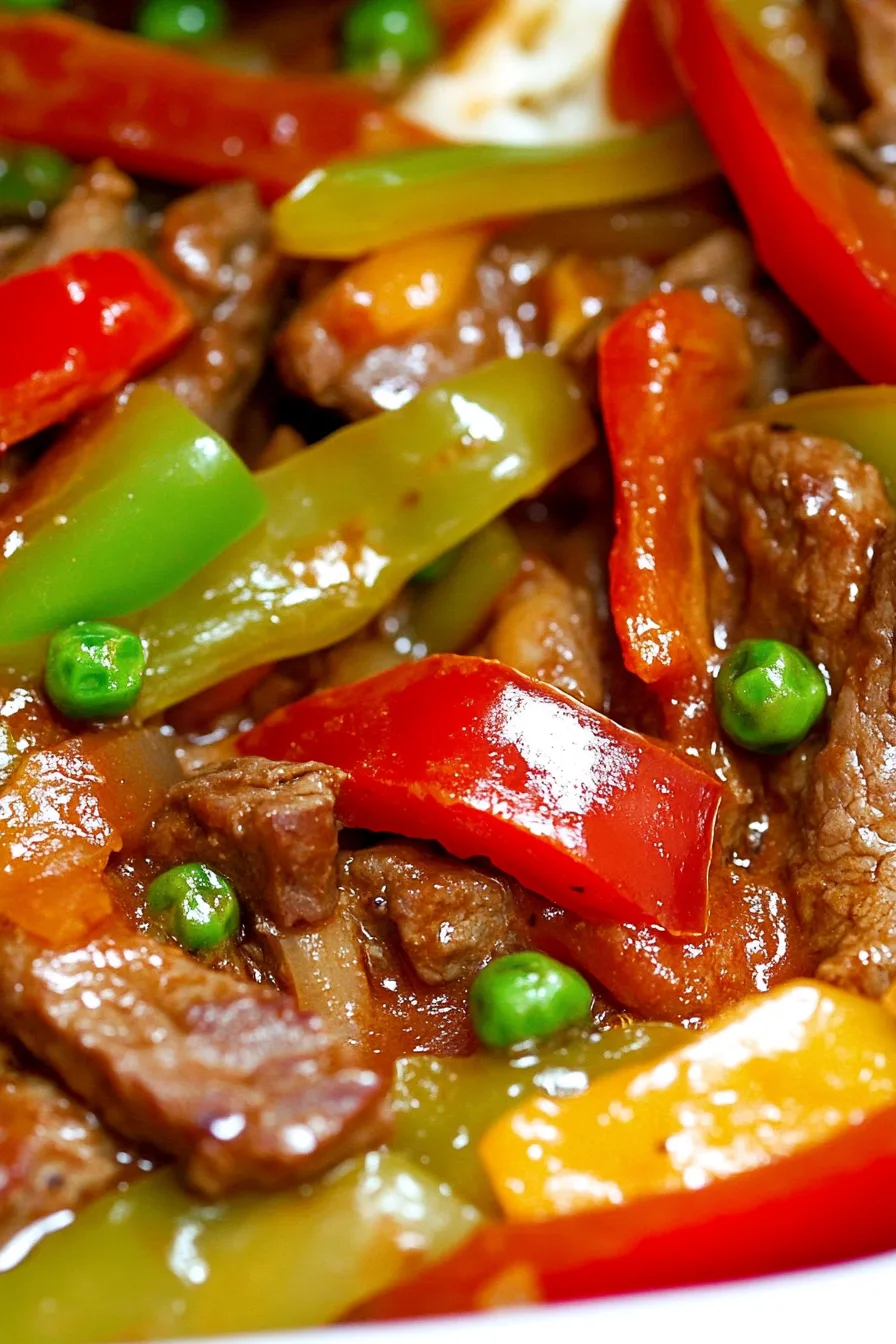 Close-up of tender beef strips with peppers in a savory sauce served over rice