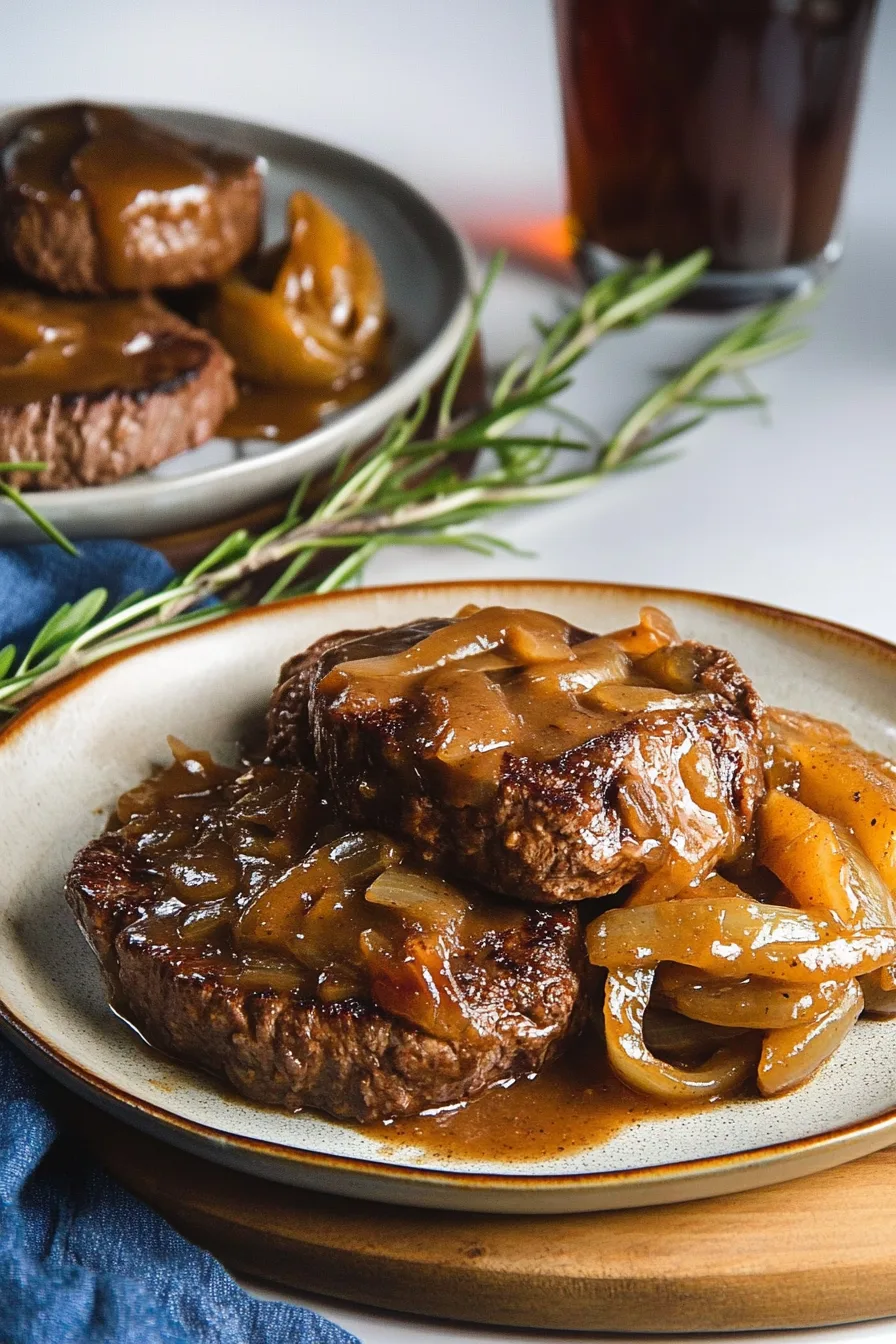 Hearty dinner plate with gravy-covered beef and onions
