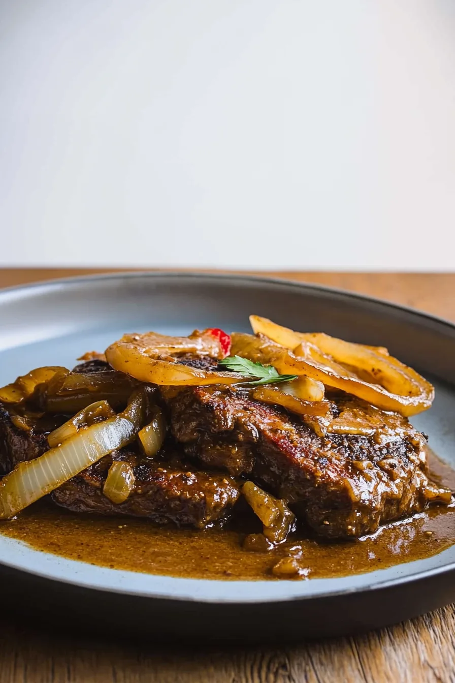 Plated dish featuring a warm, golden-brown entrée