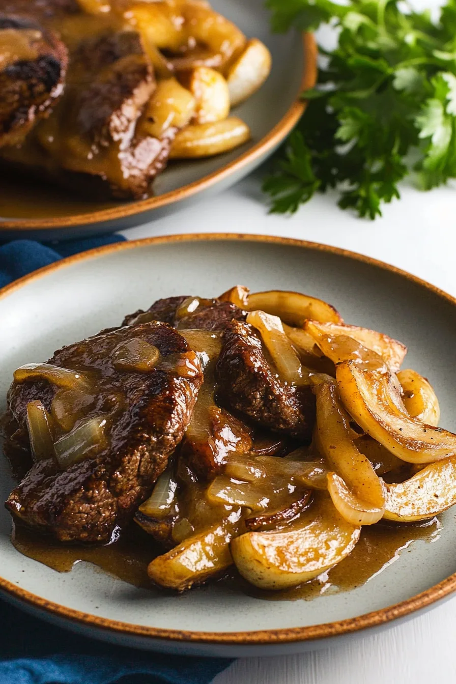 Close-up of meat slices topped with caramelized onions