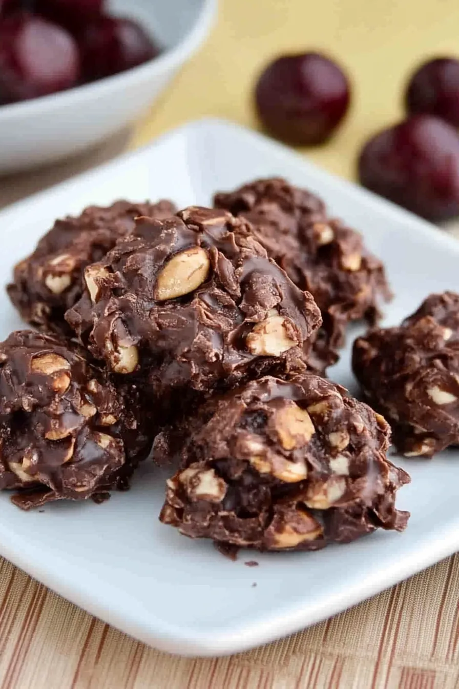 Dark, textured treats stacked on a ceramic plate with crumbs scattered around