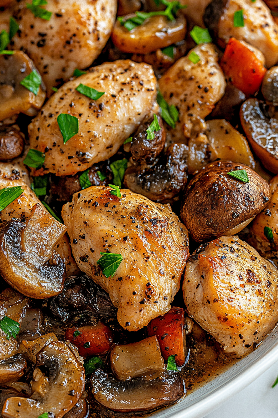 Close-up of tender chicken and mushrooms coated in rich glaze