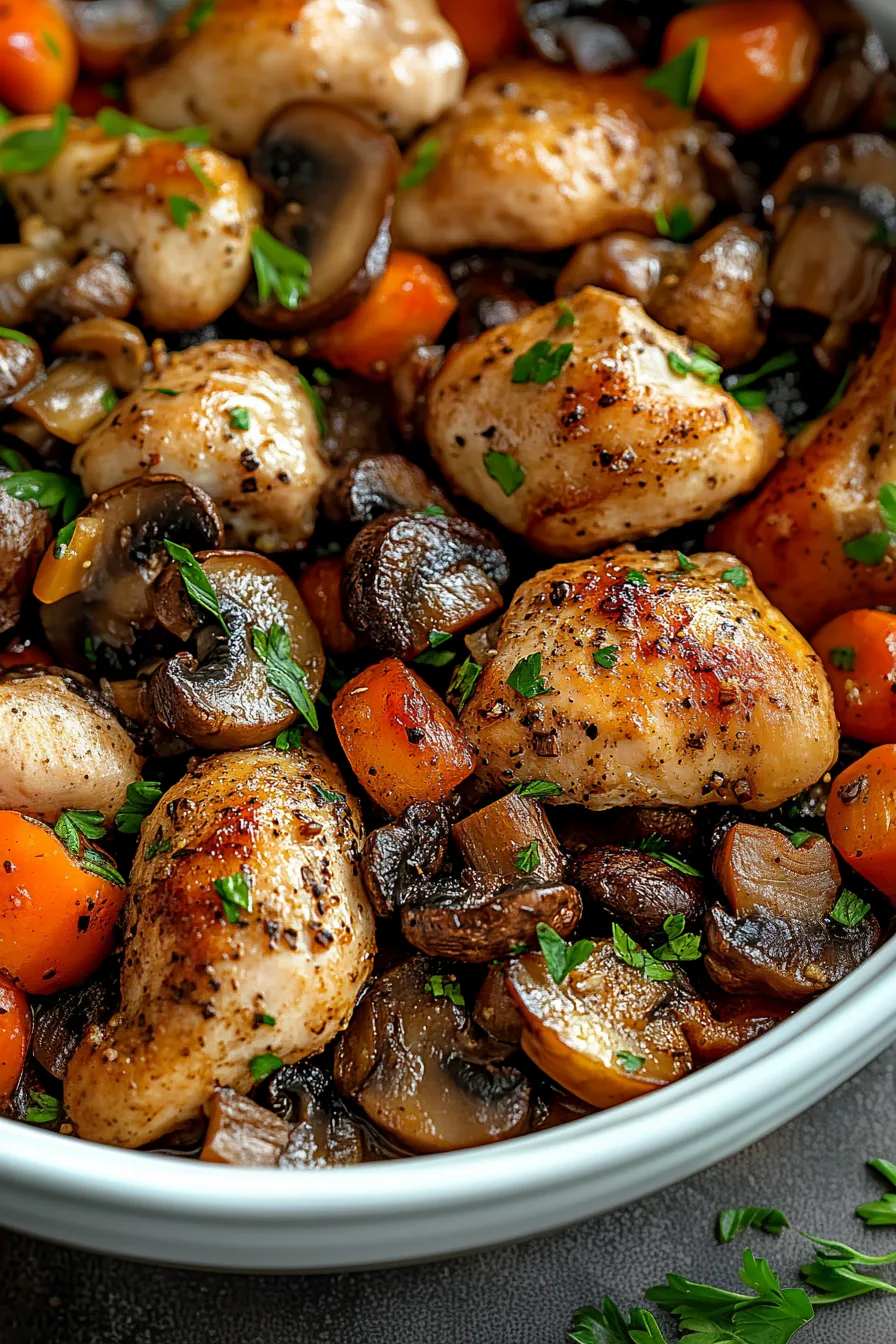 Stir-fried chicken pieces with mushrooms in a glossy sauce