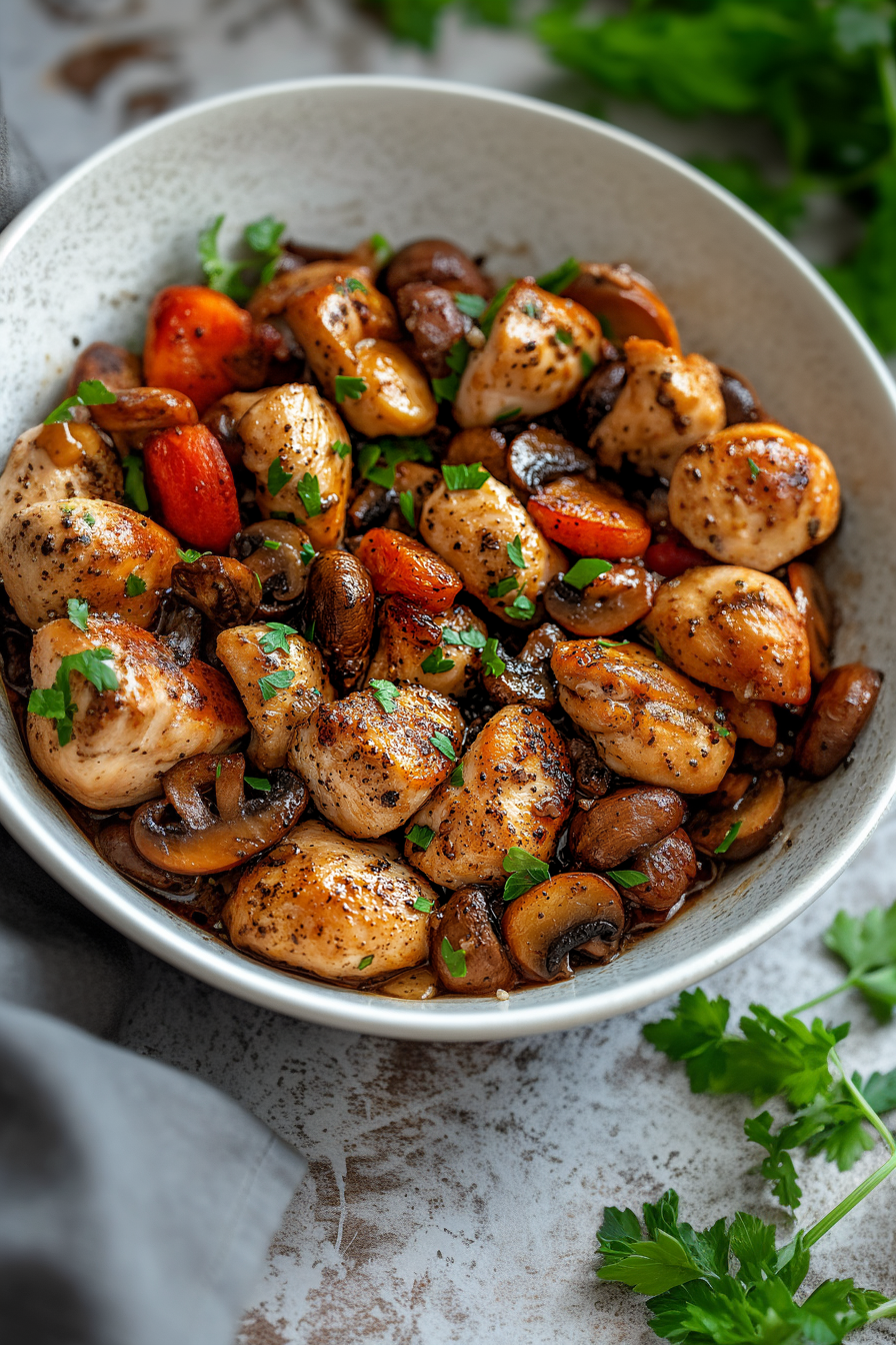 Cooked chicken and mushrooms garnished with fresh green onions