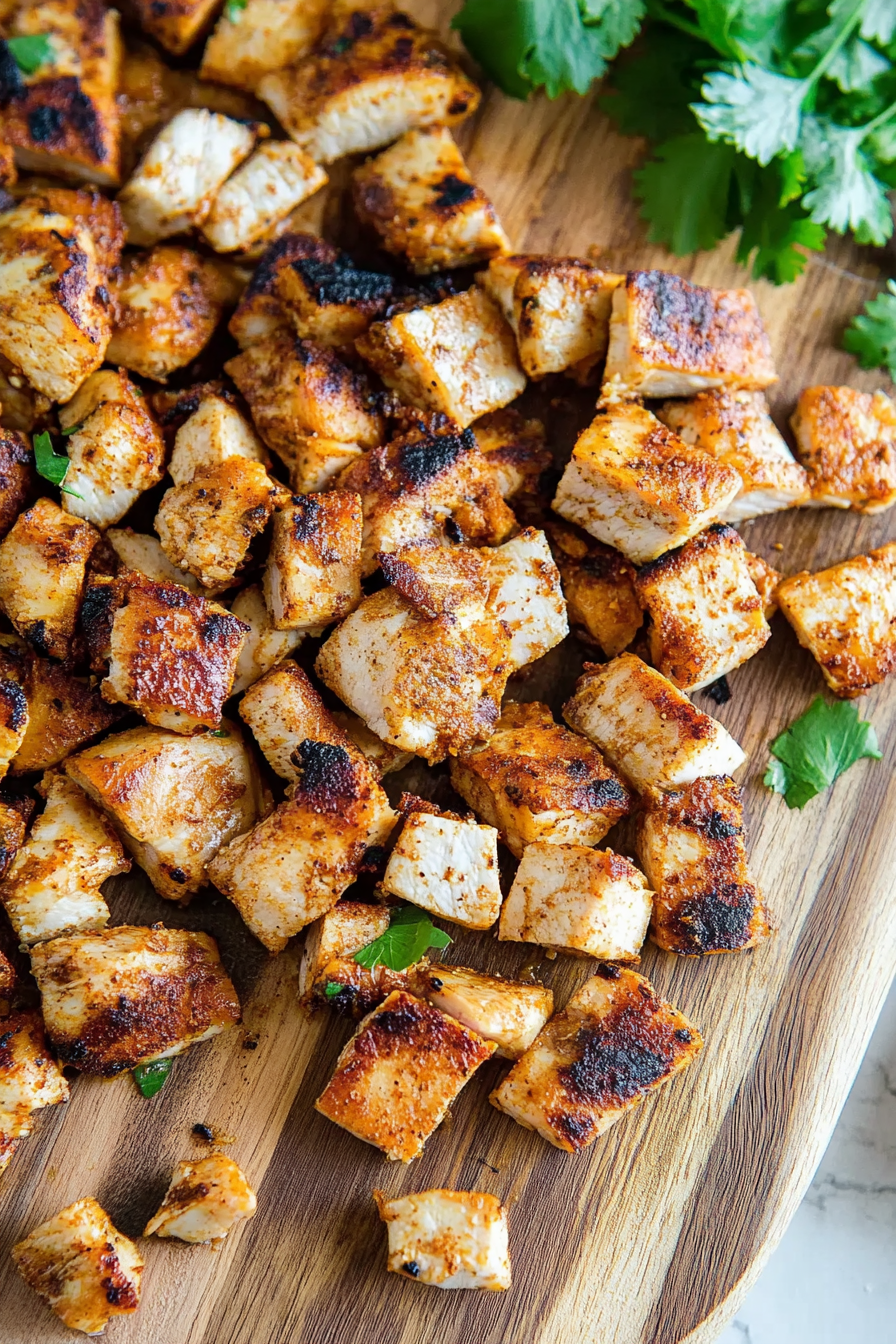 Close-up of smoky, seasoned chicken pieces ready to eat