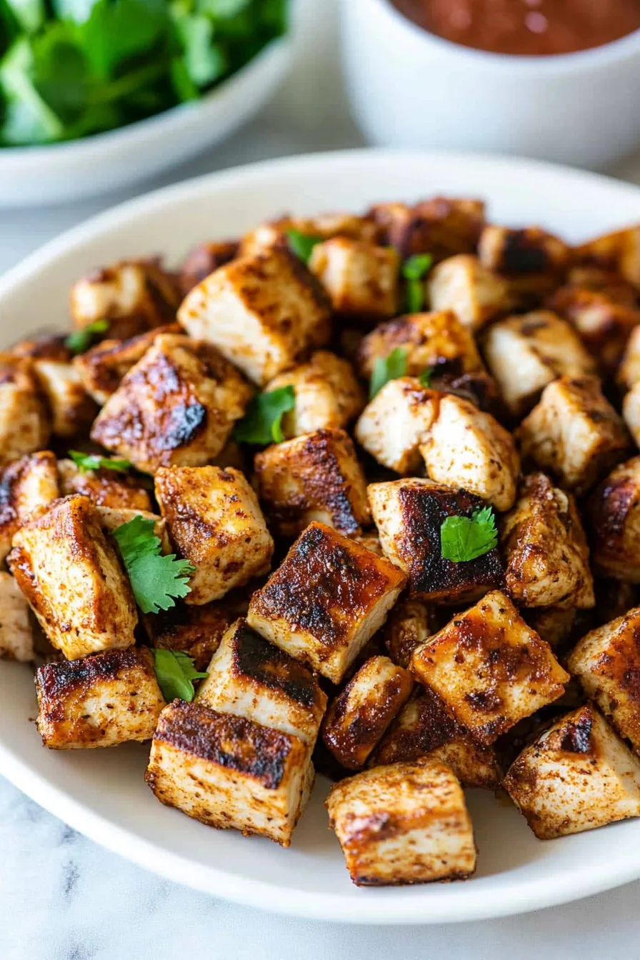 Juicy grilled chicken served on a plate with fresh garnish