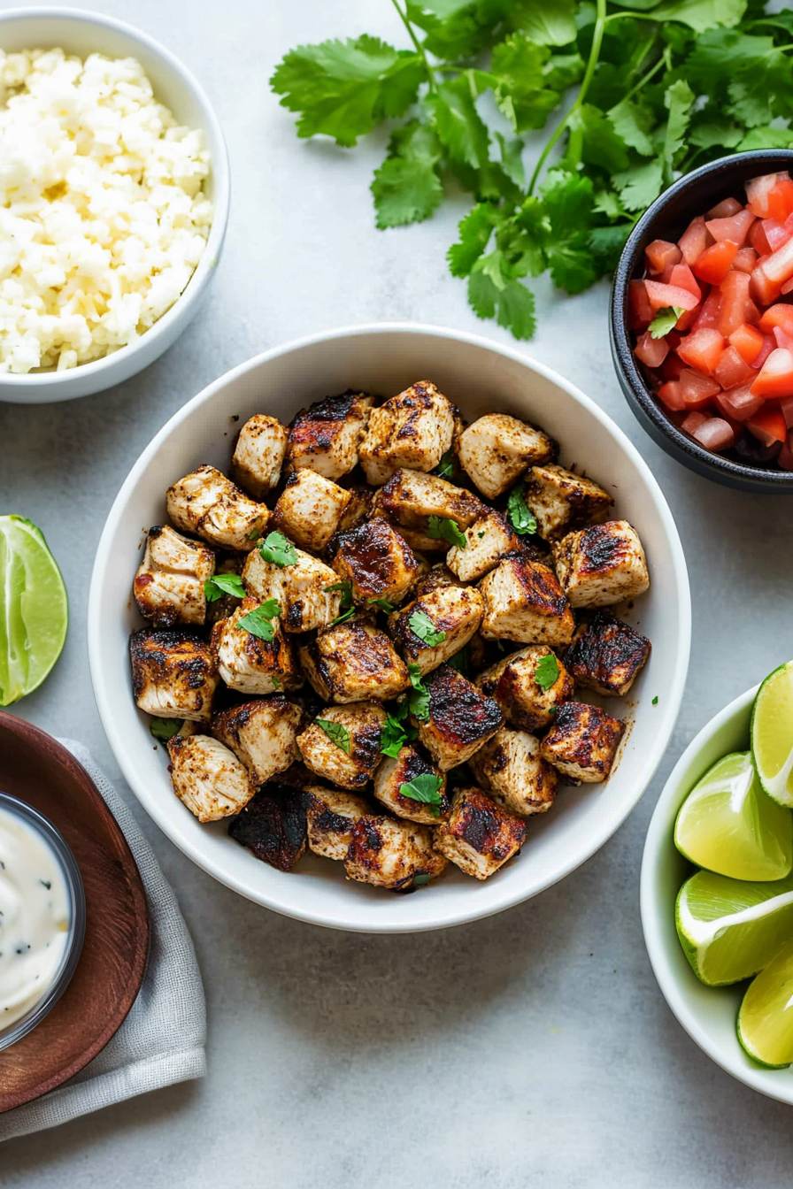 Overhead view of flavorful chicken served fresh and hot