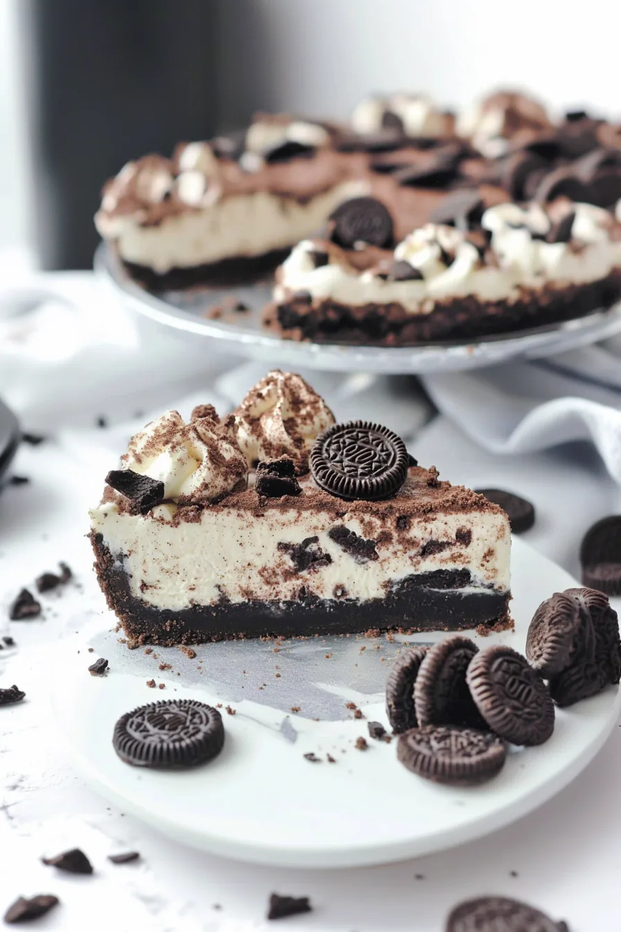 Rich and creamy dessert with a crunchy chocolate crust and whipped topping.