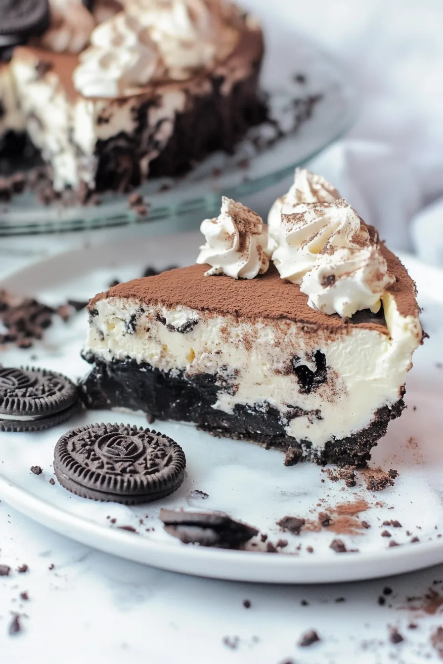 Creamy chocolate dessert in a cookie crust topped with whipped cream and crushed cookies.